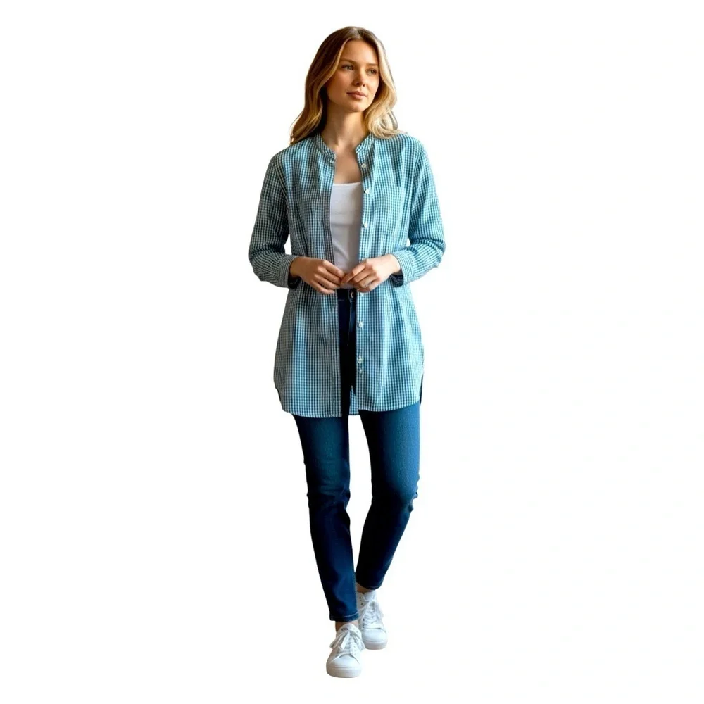 Free People long button down shirt dress blue gingham style size Large